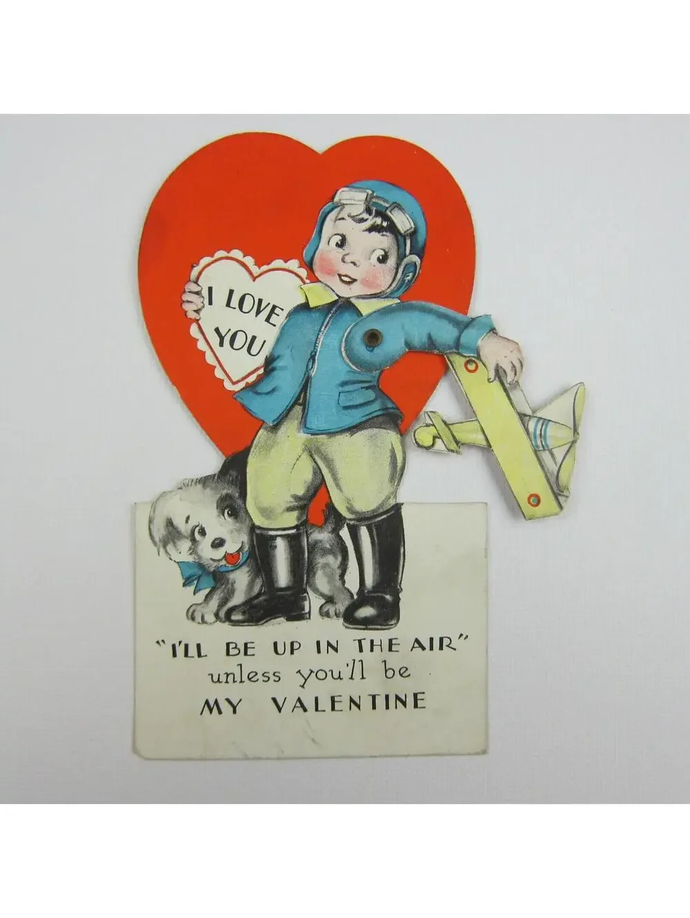 Vintage Valentine Card Mechanical Boy Pilot & Puppy Dog Toy Biplane Moves Heart